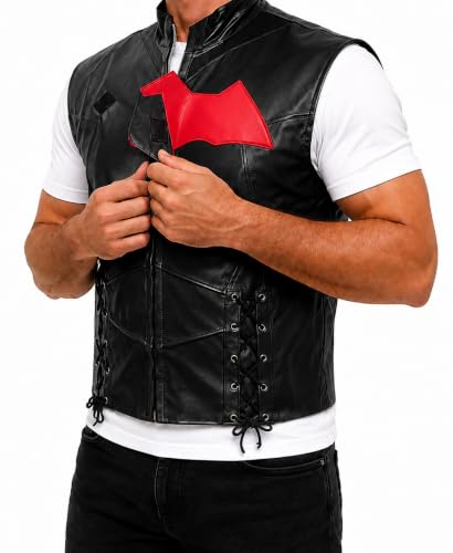Image of Black and Red Hood Leather Jackets and Vest 2 in 1
