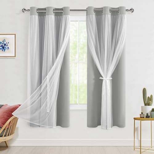 Hiasan Blackout Curtains with Sheer Overlay, Sliver Grey, 42W X 63L, 2pcs