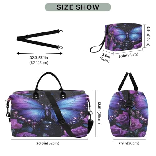 Butterfly Rose Flower Floral Travel Duffle Bag Gym Bag Weekender Bags with Toiletry Bag Travel Trip Tote Bag3