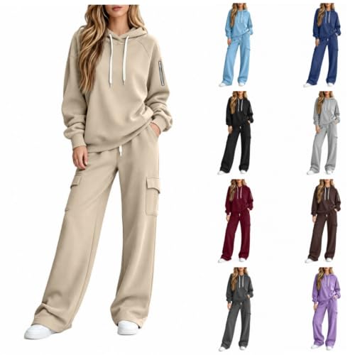 Rtdyvyuhb 2 Piece Sweatsuits For Women Hoodie Wide Leg Pants Sport Outfit Travel Airport Loungewear Elastic Waist Tracksuits Beige Small - image 1