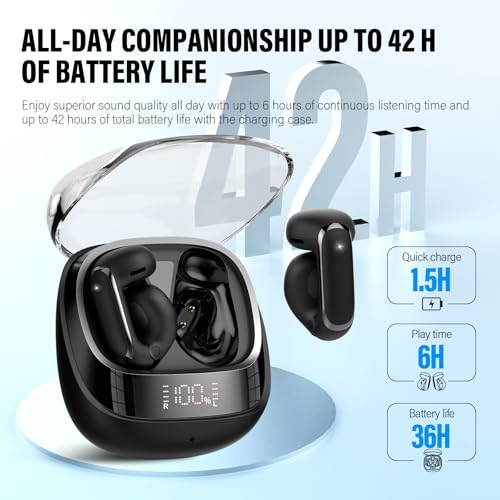 Image of Clip On Ear buds, Open Ear Headphones, Bluetooth 5.4 HiFi Stereo Clip Earbuds, 42H, LED Display Wireless EarBuds, Comfortable Lightweight, IP7 Waterproof Earphones, Earbud for Workout Running, Black