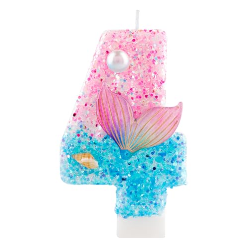 Mermaid Number Birthday Candle, Glitter Number 4 Pink & Blue Gradient Cake Topper with Mermaid Tail, Shell & Pearl, Ocean Mermaid Themed for Party Supplies Anniversary Party Decor