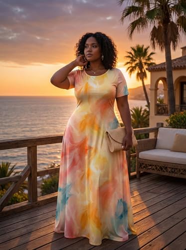 Image of SUZONANA Plus Size Maxi Dress for Curvy Women Summer Casual Sundress Short Sleeve Loose Vacation Dress