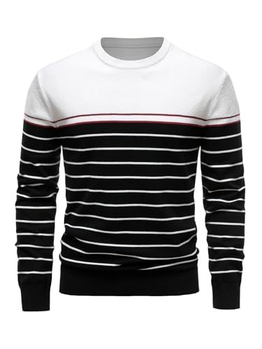 LUVCES Herren Pullover Gestreift Herren Langarm Farbe Block Rundhalsausschnitt Strickpullover Lässig Sweater Herbst Winter Alltagskleidung Tops Weiß und Schwarz XL