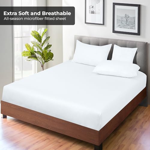 Image of Royale Linens 2 Pack Fitted Sheet - Elastic Sheets - Twin Fitted Sheet Only - Soft & Breathable - Brushed 1800 Microfiber - Stain Resistant- Hotel Quality Deep Pocket Stretches Up to 16 inch (Twin, White)
