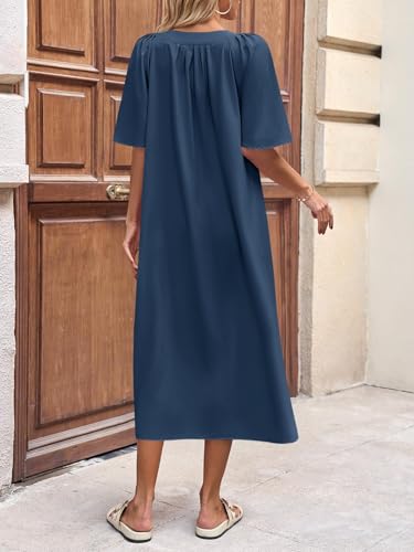 Image of Wenrine Womens Casual Maxi Dress Short Sleeve Loose Flowy Summer Dresses | flutter sleeve, v neck, loose fit, slit, long summer dress, beach, vacation