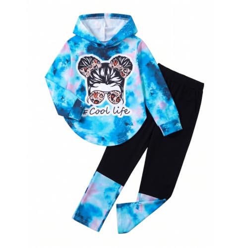 Image of Girls 2 Pcs Fall Winter Tie Dye & Leggings Outfits For Teens 5-14 | 2026 Girls Fashion Trendy, Long Sleeve Hoodie, Cool Life Print, Patchwork Pants, Back to School Holiday Tracksuit