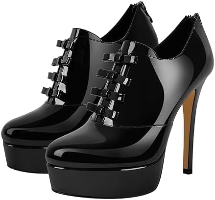 Women's Patent Leather Ankle Boots Platform Chunky Stiletto Booties Lace up Low Top Comfortable Fashion Dressy 6.1 Inch Boot