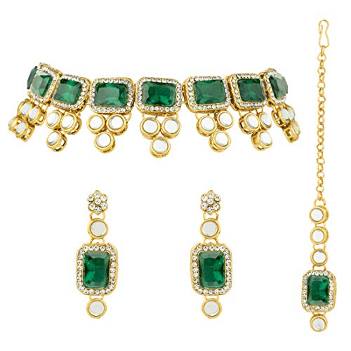 Peora 18K Gold Plated Kundan Green Crystal Necklace Earring Maang Tikka Traditional Jewellery Set for Women Girls (B07RP1MDCK) Amazon Price History, Amazon Price Tracker