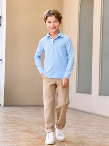 Haloumoning Boys Long Sleeve Polo Shirt Kids Casual Collared School Uniform Shirts 5-14 Years4