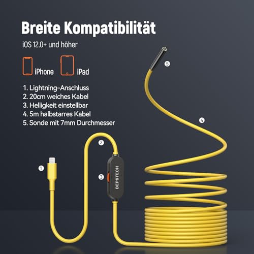 Endoskopkamera mit Licht Handy iPhone, DEPSTECH 7mm Endoskop 2MP HD nur für iPhone/iPad/iOS 12.0+,...
