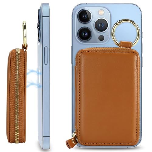 Image of Compatible with MagSafe Wallet,Magnetic Phone Wallet Card Holder for iPhone 17 /16 Pro Max /15 plus /14 Pro /13 /12 Series,PU Leather Zipper Pocket Adjustable Stand-Brown