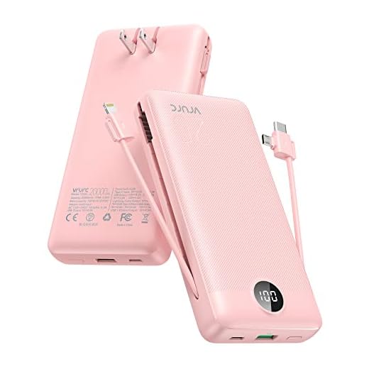 VRURC Portable Charger 20000mAh, Fast Charging Power Bank USB C,4 Output 2 Input Travel Essentials Charging Bank Equipped with LED Display,Built-in Wall Plug and Cables,Phone Charger Battery,Pink