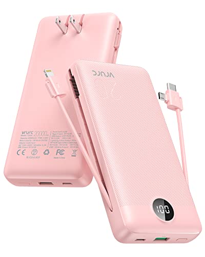 VRURC Portable Charger 20000mAh, Fast Charging Power Bank USB C,4 Output 2 Input Travel Essentials Charging Bank Equipped with LED Display,Built-in Wall Plug and Cables,Phone Charger Battery,Pink