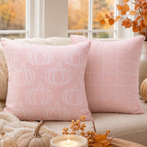 Image of Fall Pumpkin Chenille Pillow Covers,Autumn Decor (Pink,20x20) | Double-sided pumpkin and plaid designs, thick chenille texture, hidden zipper, for couch, sofa, bed, farmhouse autumn decor