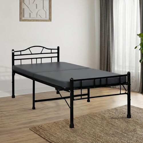 Image of DELITE KOM Lyra Foldable Metal Single Bed (6.7x3ft) with Mattress | No Install | 1 Year Warranty | Strong Metal Single Bed, 204.5 cm x 92 cm (6.71 ft x 3.02 ft) (Finish Color - Black