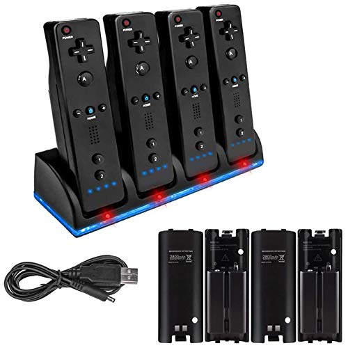 4 Pcs 2800mAh Rechargeable Cells for Wii, 4 in 1 Wii Charging Dock Station for Wii Remote N-Switch Accessory for Wii Wii U Controller(Black)