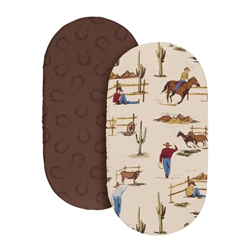 Image of Sweet Jojo Designs 2-Piece Baby Bassinet Sheets Set (Tan Brown Western Cowboy) for Boys, Infant Newborn Nursery, Oval, Rectangle & Hourglass Mattress (Horseshoe Print & Wild West Southern Charm Horse)