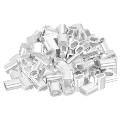 sourcing map 100Pcs Aluminum Crimping Loop Sleeve for 5/32 Diameter Wire Rope, Oval Aluminum Wire Rope Sleeve for Cable Line End