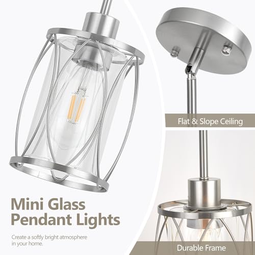 Image of Glass Pendant Lights Kitchen Island Brushed Nickel, 1 Pack | Pendant Light Fixtures Adjustable Farmhouse Mini Hanging Light with Clear Glass for Sink Dining Room Foyer Entryway