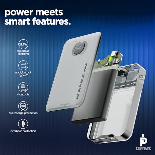 Image of Nu Republic Powerpop X4 10000mAh 22.5W Power Bank, Built-in Type-C & Lightning Cables, 4 Outputs, Quick Charge 3.0, PD Fast Charging, LED Display, Aluminium Body (Silver)