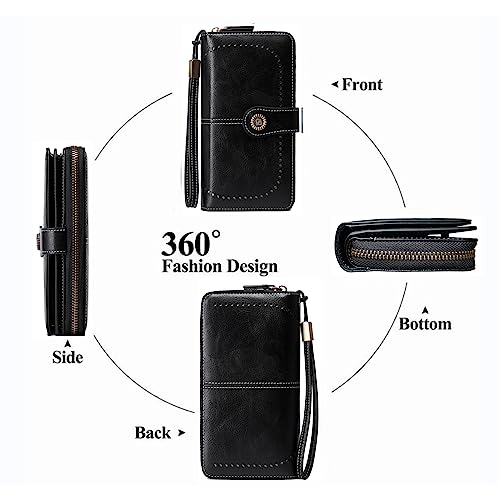 Image of Women's RFID Blocking Wallet Large Zip Around Leather Clutch with Wristlet | Large Capacity, 23 Card Slots, 2 ID Windows, Phone Holder, Soft PU Leather, RFID Secure, Coin Pocket, Checkbook Holder