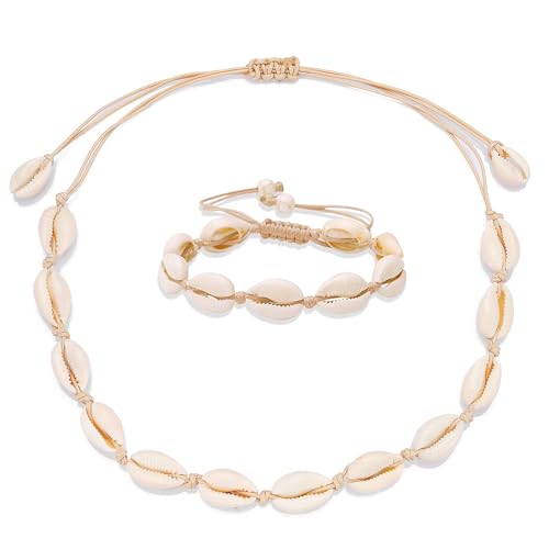 GUIZIYAO 2 Stück Muschel Halskette Armband Set Damen Natural Shell Choker Halsketten Boho Muschelkette Muschel Fußkettchen Sommer Strand Schmuck Ideal Für Sommer-Strandpartys Weiß
