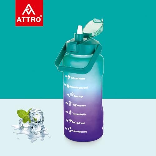 Image of ATTRO Motivational 2 Liter Quotes & Time Marker Dual Colour Sports Bottle With Easy to Carry Handle & Straw BPA Free, Leak Proof for Gym, Office, Workout- Green Purple, Plastic