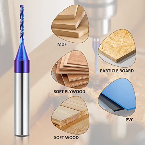 Hqmaster Spiral Router Bits 1/4 Inch Shank 1/16“ Cutting Diameter Solid Carbide Nano Blue Coated Spiral Cnc Bits End Mill For Wood Cut Carving Engraver (1/16" Up Cut) #TOP4