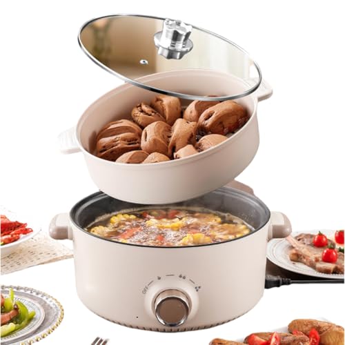 Geelemo 3.8L Hot Pot with Steamer Non-stick Pot Multi-functional Electric Cooker for Steak Pasta Hot Pot Ramen and Soup 3 Levels Quick Heating with Rotary Switch