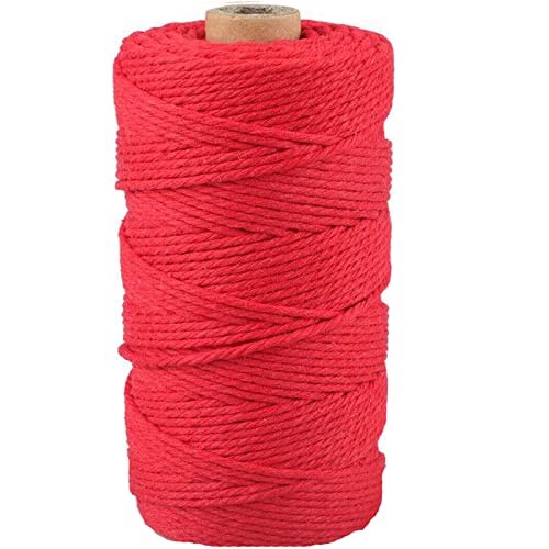 G2PLUS Corde Macramé Coton 3mm x 100M Fil Macramé Ficelle Corde pour Tricotage DIY Decoration Murale Porte Plante Décoration Bohème Emballage Cadeau-Rouge
