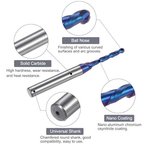 Image of uxcell Ball Nose End Mill CNC Router Bit, 1 /16 inch Radius 1 /4 inch Shank Solid Carbide Nano Coated Upcut Spiral 2 Flutes Cutter Milling Tool, 1 /8 inch Dia 2-1 /2 inch Total Length