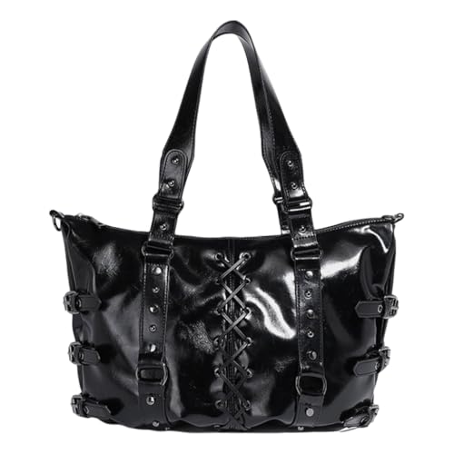 Fashionable Large Capacity PU Leather Motorcycle Shoulder Handbag Punk Rivets Crisscross Ties Underarm Bag for Women