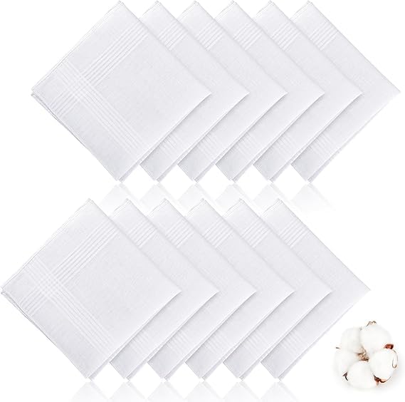DevoBhoomi 12 Pcs Handkerchiefs for Men, Soft Cotton Handkerchief for Men's, White Handkerchiefs for Men (100% Cotton)