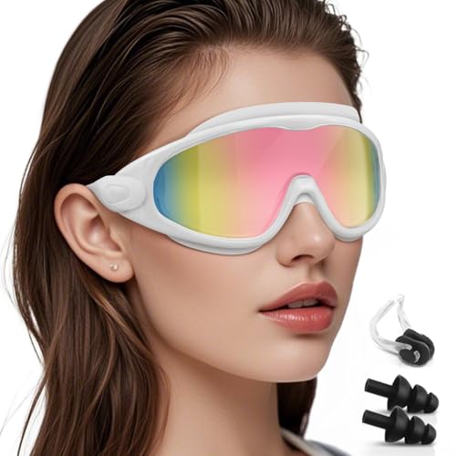 Polarized Swim Goggles, Anti UV & Fog Swimming Goggles for Adult, Unisex No Leaking Swimming Goggle for Men Women Youth White & Pink