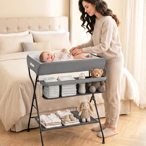 Image of INFANS Baby Changing Table, Folding Diaper Station Portable Nursery Organizer with Safety Belt and Large Storage Racks for Newborn Baby and Infant (Grey)