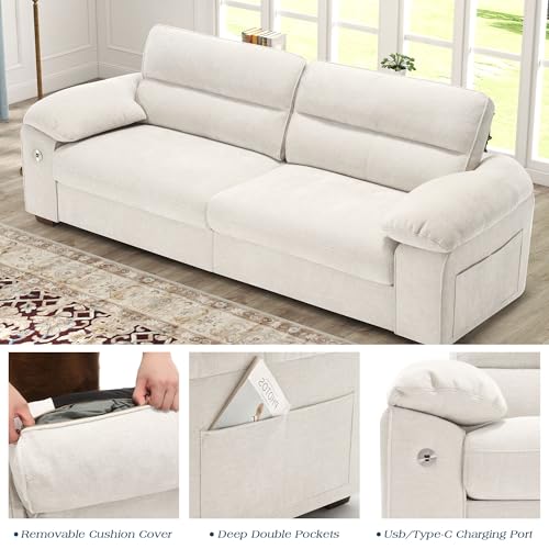 Image of WorthFurni Sofas for Living Room, Chenille Pillow-Armrest Loveseat Couch Set, Small Sofa, 3 Seater Sofa, USB Charging, Removable Sofa Cover, Solid Wood Frame, Easy to Install (90.5 inch, Beige)