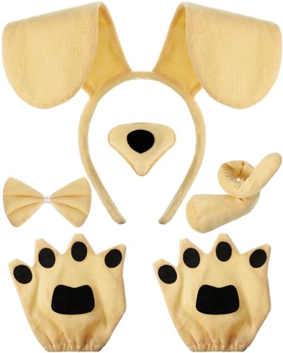 Syhood Puppy Dog Costume Set Ears Headband Bowtie Nose Tail Paw Gloves Accessories for Carnival(Light Brown Classic)