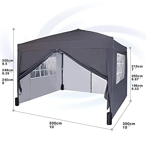 Pop-up Gazebo 3m x 3m with Sides 2 Wind Bars & 4 Weight Bags & Silver Protective Layer Waterproof Marquee Canopy WS (Grey) - Image 2