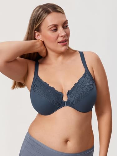 Image of DELIMIRA Women's Front Closure Posture Lace Bras | Full Coverage, Plus Size, Underwire, No Padding Unlined