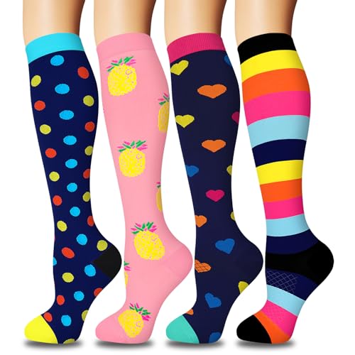 ACTINPUT 4 Paar Kompressionsstrümpfe für Damen Herren, Bunte Stützstrümpfe Kompressionssocken für Sport, Flug, Laufen, Reisen, Radsport, krankenschwester（4106 - Rosa，S-M）