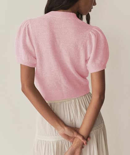 Image of Womens Puff Short Sleeve Cardigan Sweaters Cropped Button up Lightweight Y2k Knit Summer Cardigans