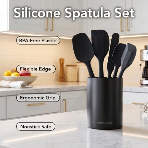 Image of OVENTE Silicone Spatula Set of 5, Heat Resistant, Black SP12305B | Food Grade Rubber Spatula, BPA-Free and Dishwasher Safe, Nonstick Kitchen Utensils for Baking, Cooking and Mixing