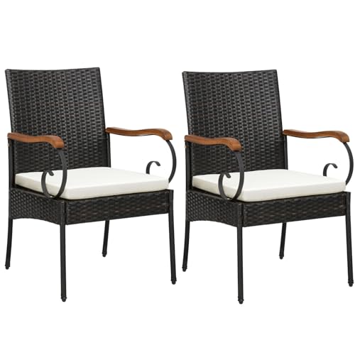 LIFEZEAL Juego de 2 Sillas de Mimbre para Exterior, Sillas de Ratán con Reposabrazos de Madera de Acacia, Carga 180 kg, Sillón de Comedor para Jardín, Terraza, Balcón (Estilo 2)