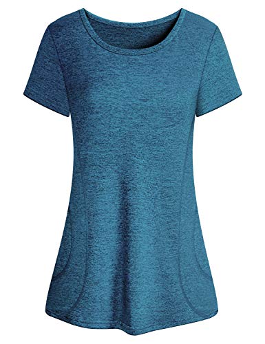 Cucuchy Womens Workout Tops, Athleisure Yoga Shirts Fashion Training Athletic T Shirt Workout Performance Clothing Crew Neck Curvy Hem Top Comfy Light Solid Golf Clothes Sport Outfits Blue XL