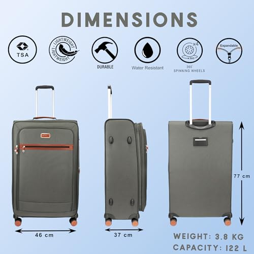 Image of F Gear Softair Large Soft Luggage | Lightweight Expandable Carry-On Trolley Bag with 360 Spinner Wheels, Silent 8-Wheel System, Built-in TSA Lock, Anti-Theft Zipper & Luggage Tag (Grey)