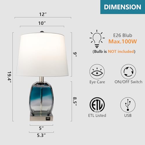 Maxax Set of 2 Blue Glass Table Lamps with USB Port – 3-Way Dimmable for Bedroom and Living Room (ETL Certified)