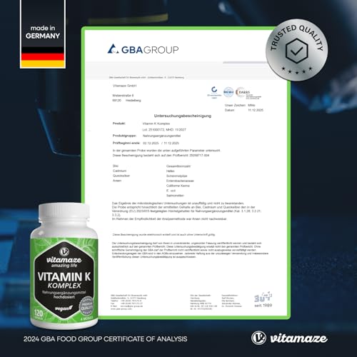 Vitamin K Komplex hochdosiert & vegan, K1 1.000 mcg + K2 Menaquinon (1.000 mcg MK4 + 200 mcg MK7), 120 Kapseln für 4 Monate, beste Bioverfügbarkeit, Made in Germany