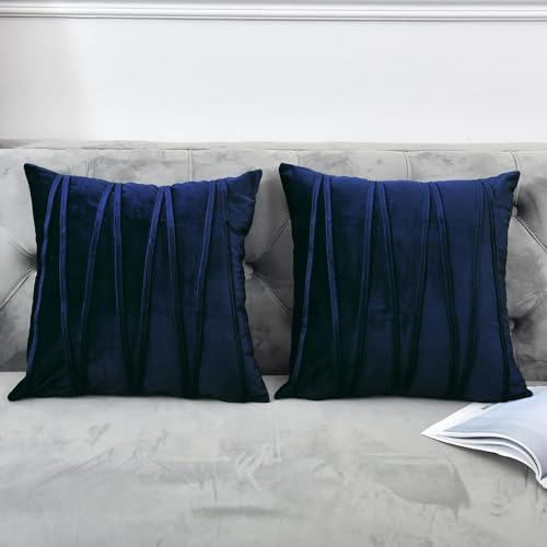Image of Amazon Brand - Umi Decorative Striped Throw Pillow Covers 24 X 24 Inch,Soft Solid Velvet Pillow Covers Cushion Case with Zigzag Pattern for Sofa Bedroom 60 X 60 Cm (Pack of 2) Blue
