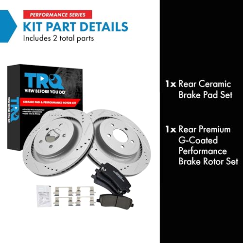 Image of TRQ Performance Rear Brake Pad and Rotor Set Ceramic Drilled Slotted G Coated Rotors Compatible with 2015-2018 Ford Mustang